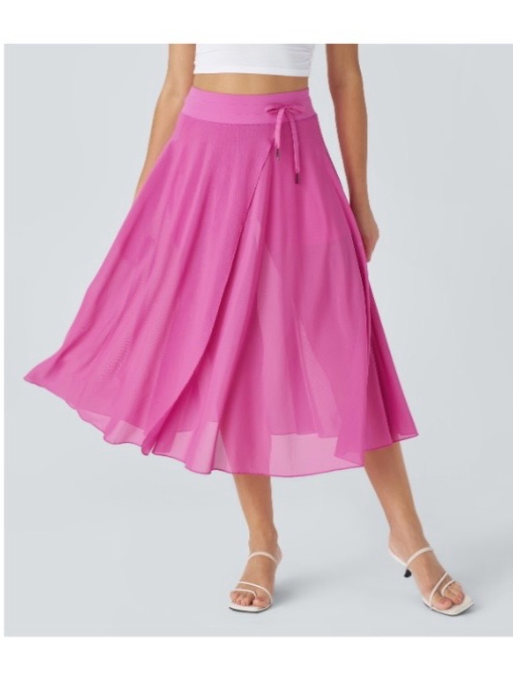 High Waisted Drawstring Contrast Mesh 2-in-1
Pocket Flowy Midi Skirt